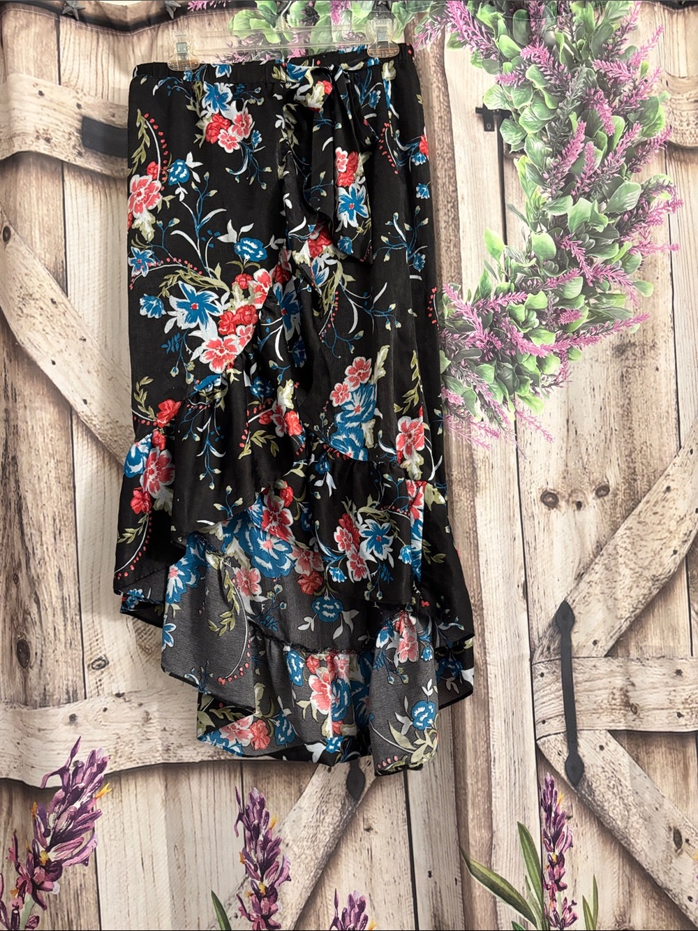 Jealous Tomato Black High-Low Floral Ruffle Skirt with Tie Waist